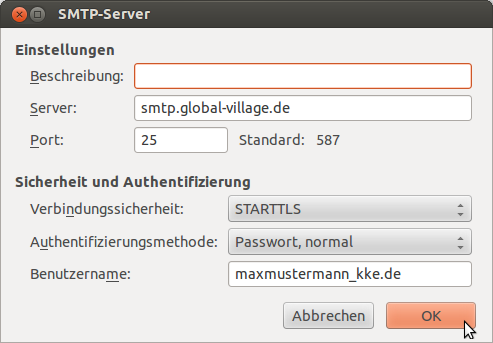 Auf der rechten Seite wählen Sie aus der Liste Postausgang-Server (SMTP) Ihren SMTP-Server aus und klicken auf Bearbeiten : Im Fenster SMTP-Server überprüfen Sie die Angaben: Bei Server muss smtp.