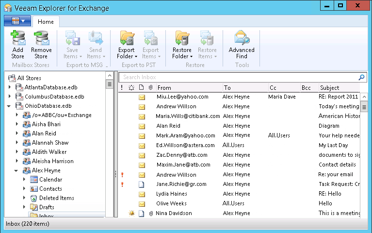 Explorer für Exchange Sofortige Wiederherstellung von Objekten aus dem Postfach - Transparenter Einblick in VM-Backups von Exchange 2010 und 2013.