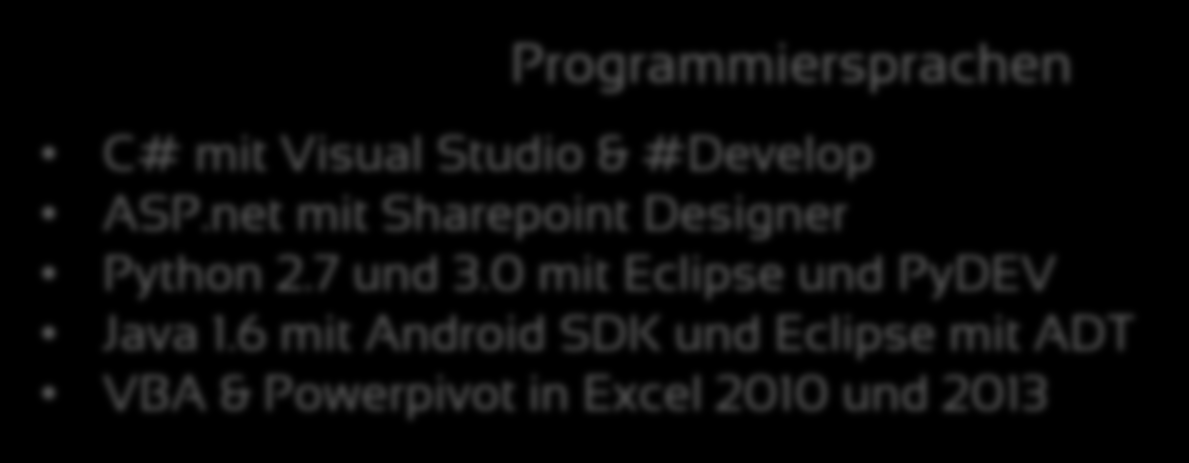 Programmiersprachen C# mit Visual Studio & #Develop ASP.net mit Sharepoint Designer Python 2.7 und 3.0 mit Eclipse und PyDEV Java 1.