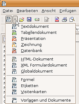 Neue Dateien erstellen Abbildung 7: Das Aufklappmenü Neu" der Standardsymbolleiste Verwenden Sie das Quick Start Programm. Wenn Sie eine Microsoft Windows Version von OpenOffice.
