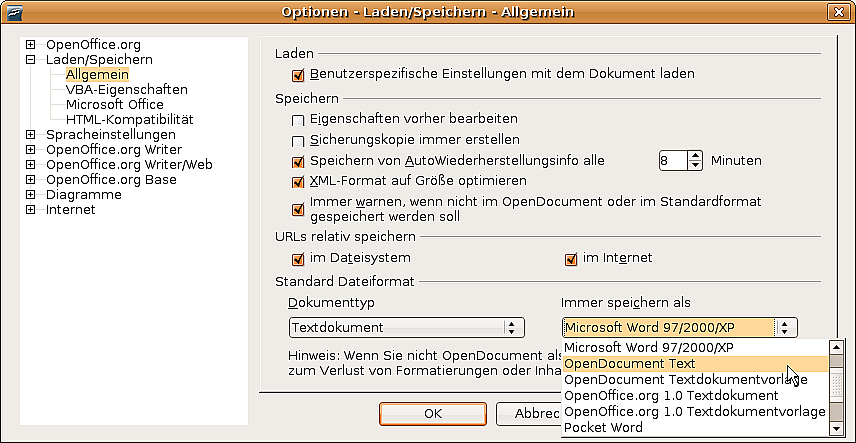 Dateien öffnen Abbildung 2: Wählen Sie das Standarddateiformat für die Speicherung aus Textdokumente öffnen Zusätzlich zu den OpenDocument-Formaten (.odt,.ott,.oth und.odm) kann Writer 2.
