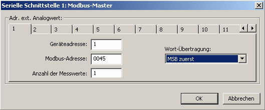 Erweiterung mit externen Signalen Konfiguration Protokoll Modbus-Master wählen Geräteadresse des Slave MOD-Bus Adresse,