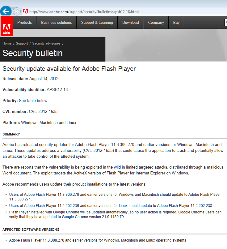 Beispiel 2 Schwachstellen in Software hier: Adobe Flash Player Adobe listet und beschreibt im Security Bulletin zur Schwachstelle CVE-2012-1535 sowohl das Problem als auch die Lösung:» http://www.