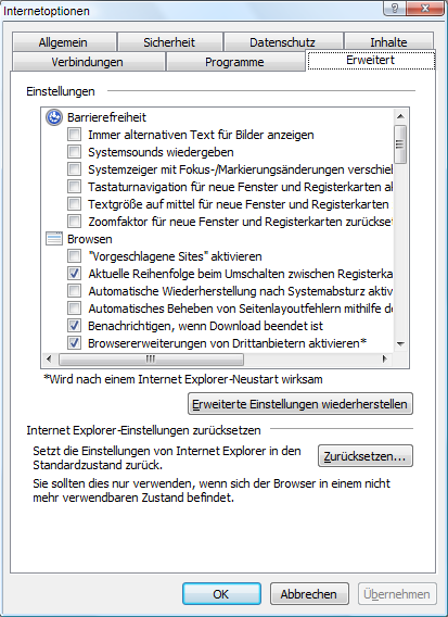 2 Erweiterte Einstellungen In den erweiterten Einstellungen des Microsoft Internet Explorer 9 brauchen Sie keine Einstellungen vorzunehmen.