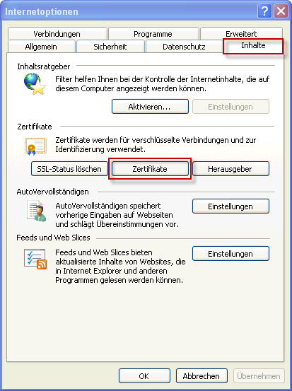 3 Client-Zertifikat in Internet Explorer importieren 8 Im Fenster Internetoptionen unter dem Tab Inhalte im Bereich Zertifikate den