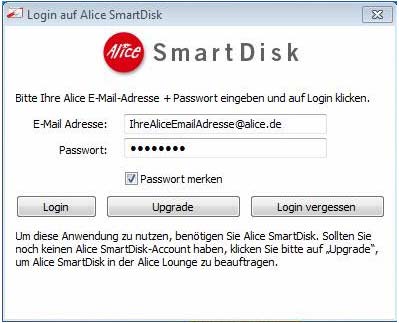 Einloggen 4) Geben Sie bitte Ihre Alice E-Mail-Adresse sowie das dazugehörige Passwort ein, auf der Sie Alice SmartDisk eingerichtet haben. Klicken Sie anschließend auf Login.