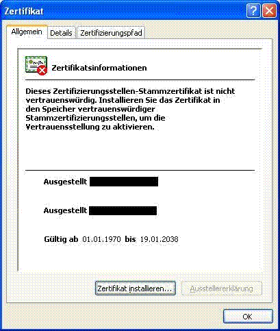 Was stimmt am Zertifikat nicht: Hier sehen Sie nun, dass das Zertifikat von einer nicht bekannten Zertifizierungsstelle ausgestellt wurde. Sie können das Zertifikat nun auf Ihrem PC installieren.