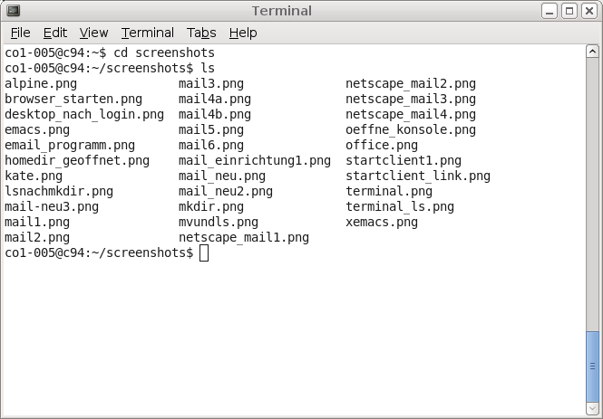 Mit cd screenshots wechsele ich in das Verzeichnis screenshots hinein und mit cd.. wieder eine Ebene nach oben in das ursprüngliche Verzeichnis zurück.