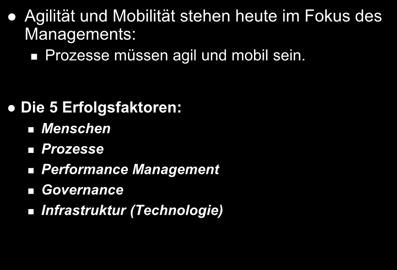 BPM: Erfolgsfaktoren Agilität und Mobilität stehen heute im Fokus des Managements: Prozesse müssen agil und mobil sein.