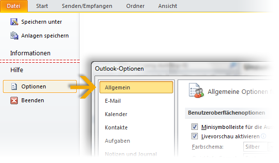 Wo befindet sich die Seitenansicht? Suchen Sie in Outlook 2010 in der Backstage-Ansicht nach der Seitenansicht. Klicken Sie auf der Registerkarte Datei auf Drucken.