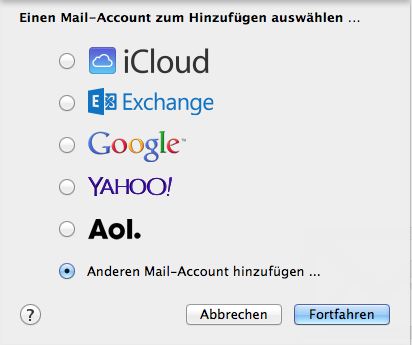 3. Starten Sie Mail für Macintosh, rufen den Einstellungsdialog auf, wählen aber diesmal Account hinzufügen.