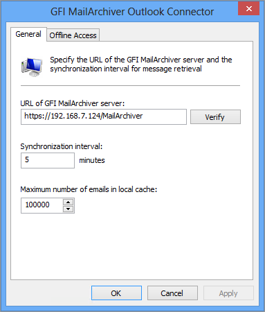 Screenshot 11: Dialogfeld Erweiterte Eigenschaften 4.1.1 Ändern der GFI MailArchiver-Server-URL WICHTIG Wenden Sie sich vor dem Ändern der GFI MailArchiver-URL an Ihren Systemadministrator. 1. Geben Sie im Dialogfeld Erweiterte Eigenschaften der GFI MailArchiver Mailbox die neue URL des GFI MailArchiver-Servers im Textfeld URL des GFI MailArchiver-Servers: ein.