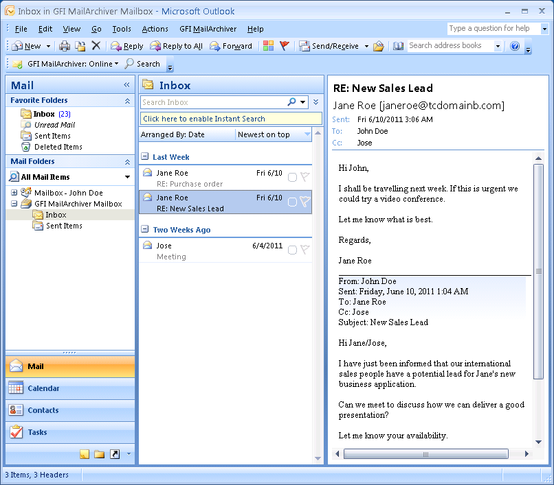 Screenshot 2: Office 2003/2007: E-Mails im GFI MailArchiver Outlook