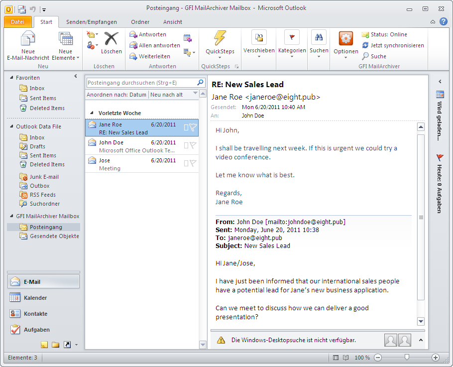Screenshot 3: Office 2010: E-Mails im GFI MailArchiver Outlook Connector-Posteingang 2.2.2 Suche GFI MailArchiver Outlook Connector ermöglicht Benutzern die Suche nach E-Mails im archivierten Postfach.