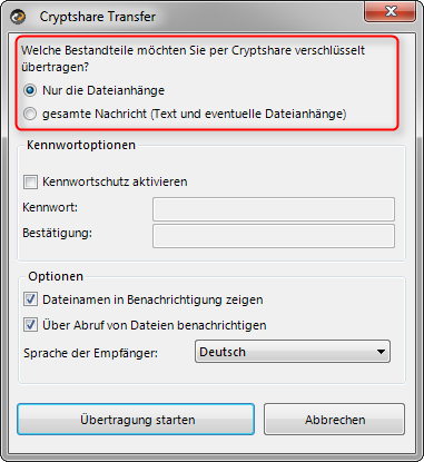 Der Outlook-eigene Button "Datei anfügen" ist weiterhin aktiv, ermöglich jedoch nur das Anhängen von Dateien, die die in MS Outlook/Exchange eingestellte Größenbeschränkung nicht überschreiten.