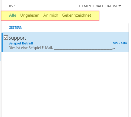 Bezeichnung Alle Ungelesen An mich Gekennzeichnet Funktion zeigt alle E-Mails an zeigt nur E-Mails an, die Sie noch nicht gelesen haben zeigt nur E-Mails an, die an Sie adressiert sind zeigt nur