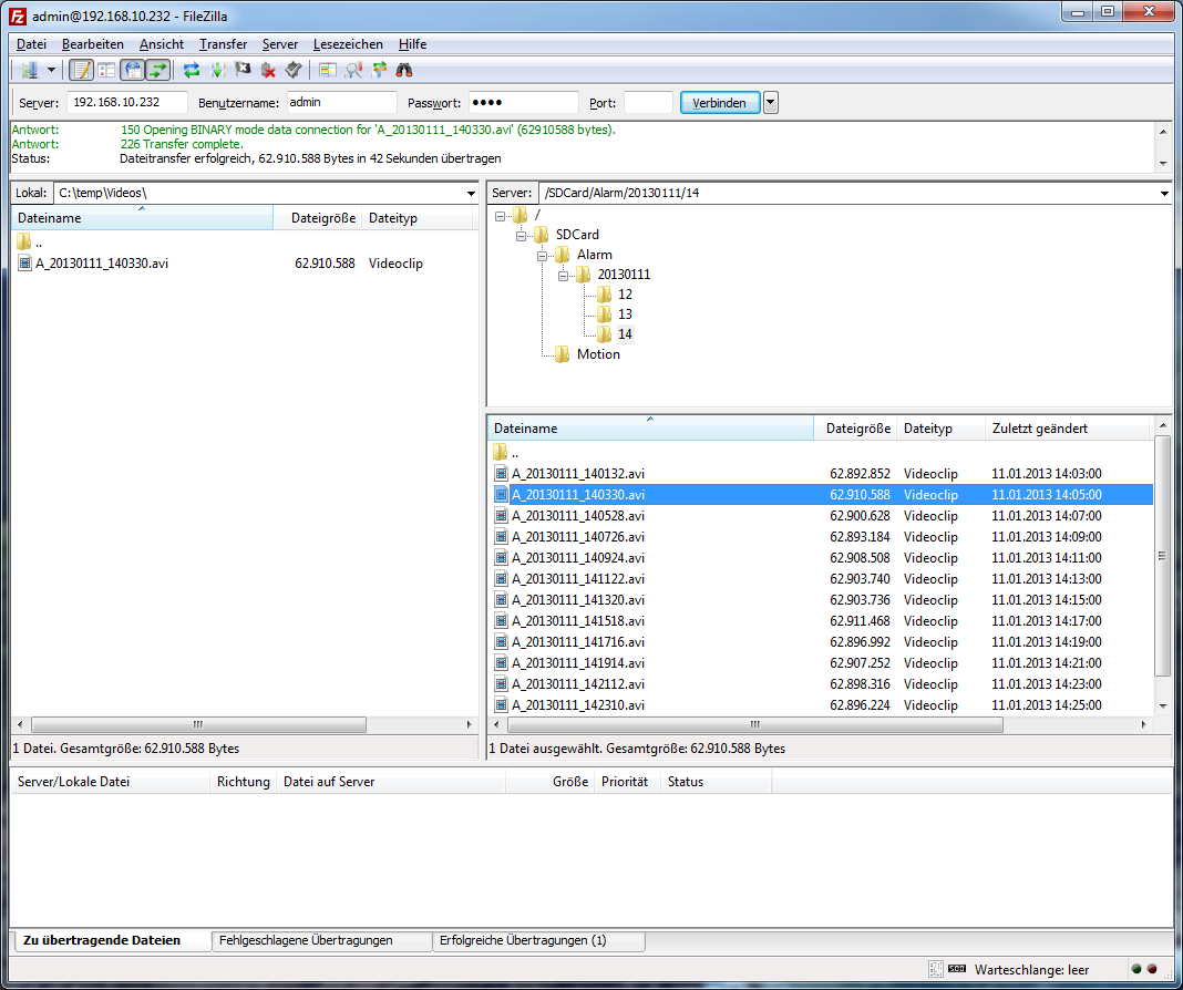15 FTP-Zugriff auf SD-Karte Der Zugriff auf die gespeicherten Videodaten auf der SD-Karte der Kamera lässt sich nun sehr komfortabel über einen FTP Programm realisieren.