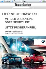 Mobile Werbung, wirkt bei BMW Schweiz. Die Mobile Advertising Kampagne ist mit einer Landingpage verknüpft. Kampagnenmechanik: Schaltung der Banner.