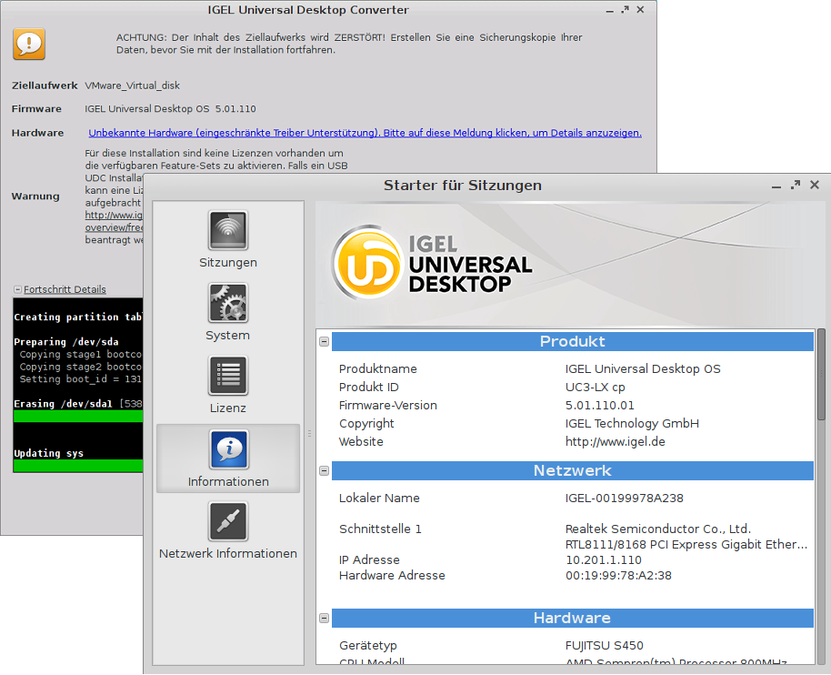 6. Entfernen Sie den UDC-Stick und booten Sie erneut mit dem Ziellaufwerk (IGEL Linux). Denken Sie daran, die Bootreihenfolge im BIOS wieder umzustellen.