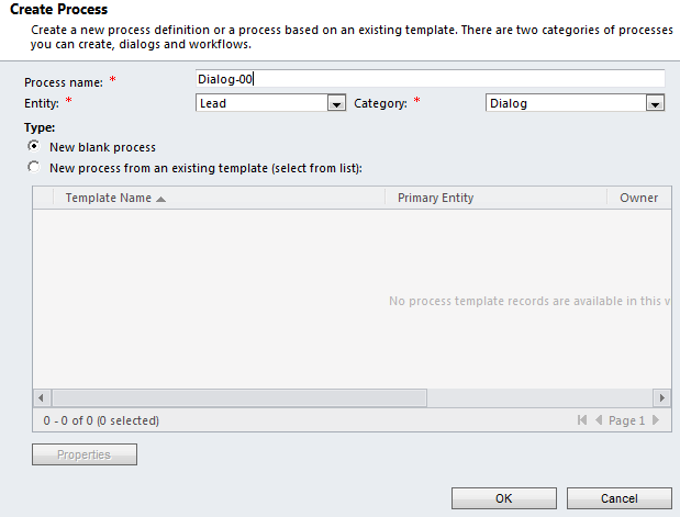 Enter the Dialog properties and click OK: Create a Page