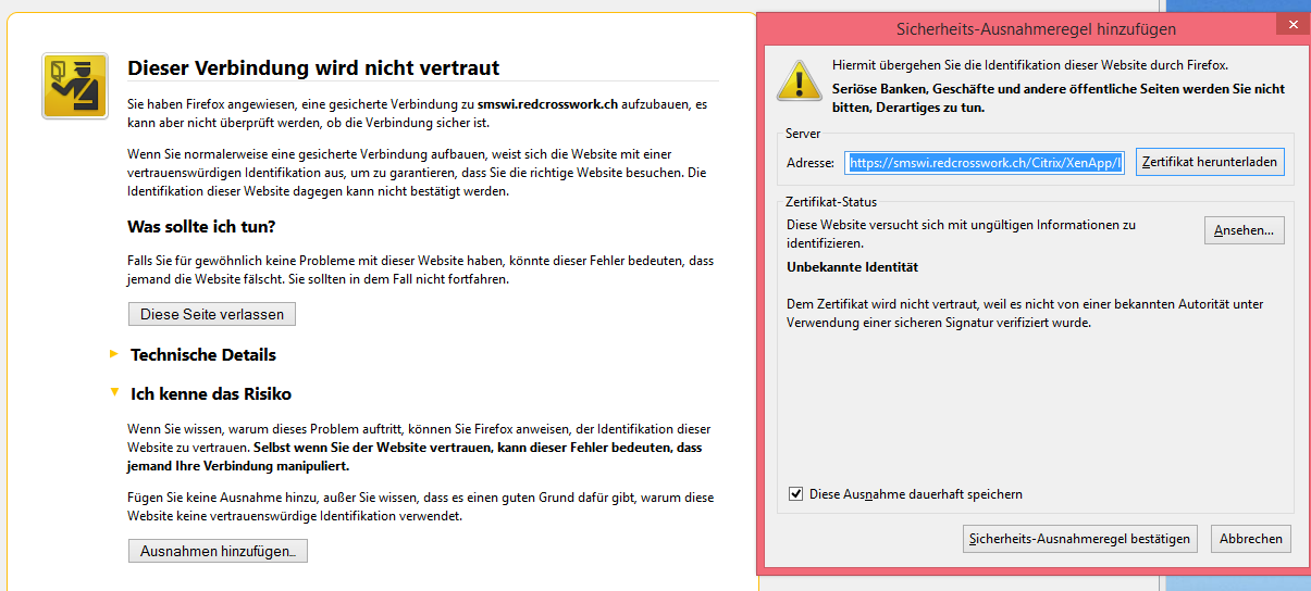 Firefox / Windows 8.1 Wenn Sie das Zertifikat auf einem Windows 8.