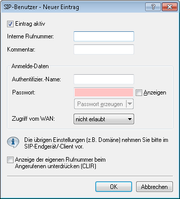 Konfiguration der VoIP-Parameter Die automatische Anmeldung ohne Eintrag eines Passworts ist auf die SIP-Benutzer im LAN beschränkt.