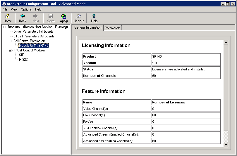 Screenshot 14: Brooktrout-Konfigurations-Tool 16. Überprüfen Sie im Brooktrout-Konfigurations-Tool, ob die Einstellungen für Ihre Installation geeignet sind.