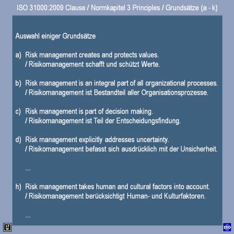 Umsetzung von Risikomanagement nach ISO 31000 ISO 31000:2009 Clause/Normkapitel (1 5) 1. Scope/Anwendungsbereich 2. Terms and definitions/begriffe - 3. Principles/Grundsätze be 4.