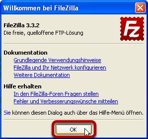 Willkommensbildschirm FileZilla startet und der Wilkommensbildschirm wird angezeigt.