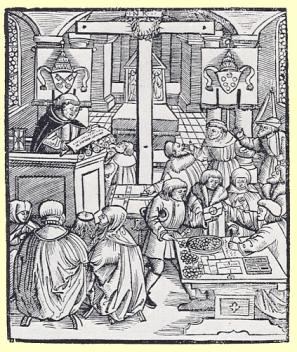 Der Protest Ablasshandel. Holzschnitt, Melchior Ramminger 1521 Eines Tages tauchte in Wittenberg, wo Martin Luther lebte, ein Mönch namens Johannes Tetzel auf.