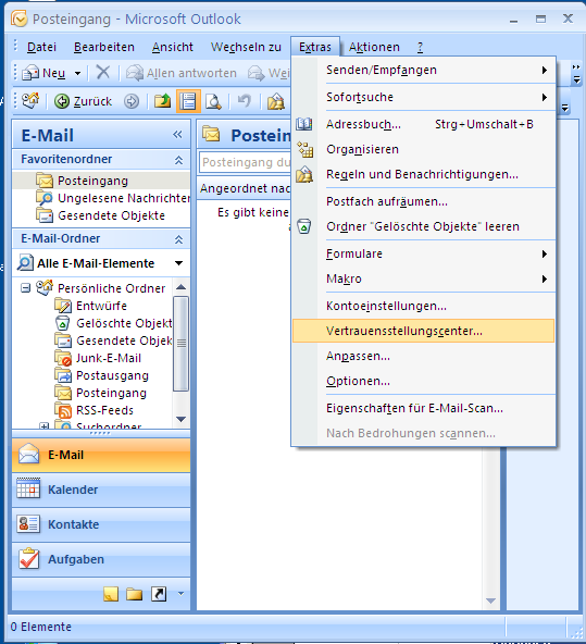 2. Einrichtung von Outlook2007 Im nächsten Schritt wird das Zertifikat im Mailclient Outlook2007