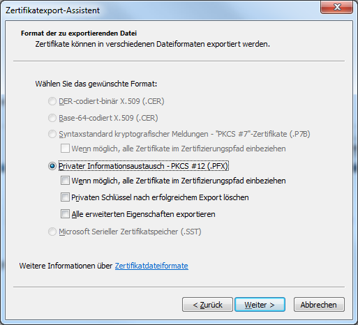 Ein eigenes Zertifikat aus dem Browser exportieren Abbildung 20: Microsoft Zertifikatexport-Assistent Auswahl des Dateiexportformats Geben Sie nun ein sicheres Kennwort 1 ein, das den privaten