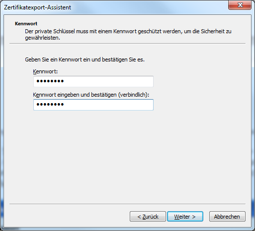 Ein eigenes Zertifikat aus dem Browser exportieren Abbildung 21: Microsoft Zertifikatexport-Assistent Eingabe des Transport-Passworts für das Zertifikat-Backup Klicken Sie nun auf Durchsuchen und