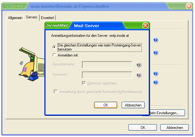 Schritt 3: Nach einem Klick auf Mehr Einstellungen werden die Anmeldeinformationen für den Postausgangs-Server erfragt.