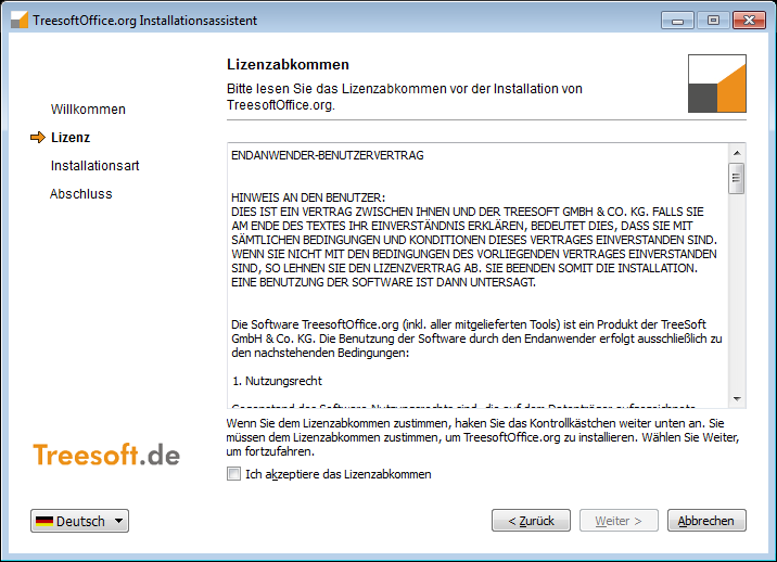 TreesoftOffice.org Installation Upgrade von 6.2 auf 6.3 Abbildung 2.1.3 Willkommen 5. Lesen Sie die Lizenzvereinbarung aufmerksam durch.