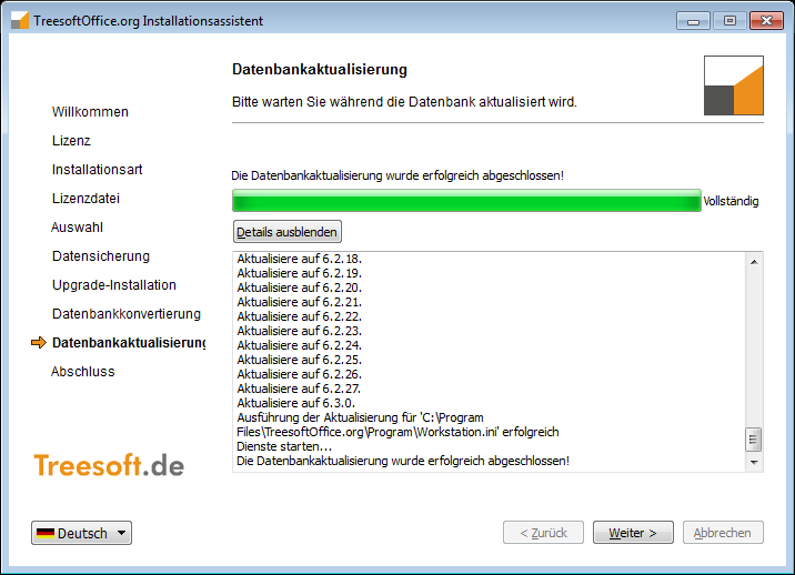 TreesoftOffice.org Installation Upgrade von 6.2 auf 6.3 17. Die Datenbankaktualisierung ist abgeschlossen.