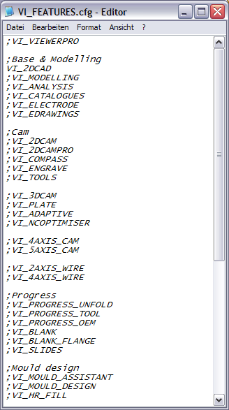 Jeder dieser Ordner enthält die Datei VI_Features.cf. Diese benennen wir in VI_Features.cfg um und öffnen sie mit einem Texteditor.