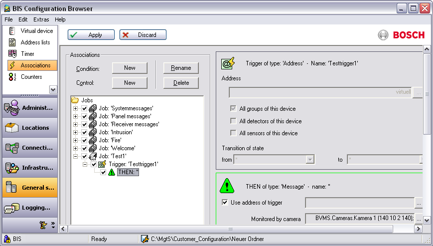 Bosch Video Management System Configuring BIS en 33 The following screenshot shows an example configuration for an alarm trigger that displays a video image