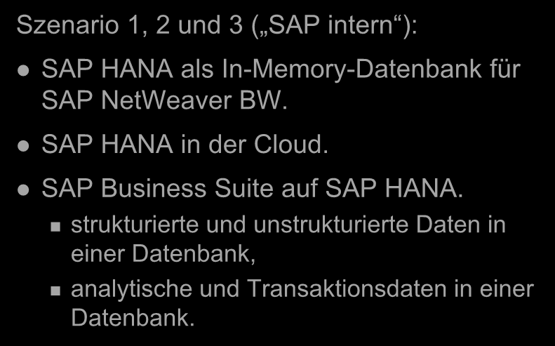SAP HANA Anwendungstypen (I) Szenario 1, 2 und 3 ( SAP intern ): SAP HANA als In-Memory-Datenbank für SAP NetWeaver BW. SAP HANA in der Cloud.
