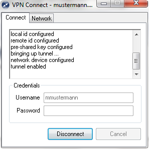 Die VPN-Verbindung zur FRITZ!Box wird nun hergestellt. Nach Fertigstellung erscheint im Kontrollfenster die Meldung 'tunnel enabled' Achtung!