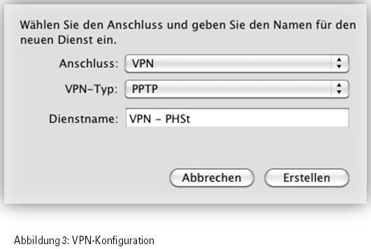 Im Konfigurationsfenster wählen Sie unter Anschluss: VPN, der VPN-Typ ist PPTP Vergeben Sie noch einen aussagekräftigen Namen (Dienstnamen) für