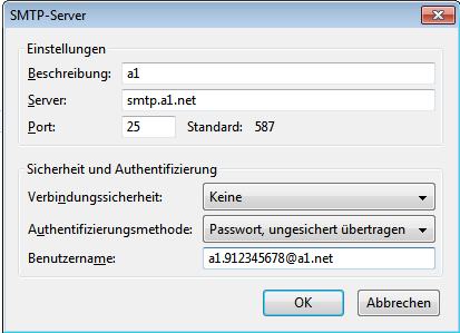 Postausgang-Server (SMTP) Standardmäßig belassen Sie bitte die Authentifizierungsmethode des Postausgangsservers auf Keine Authentifizierung.