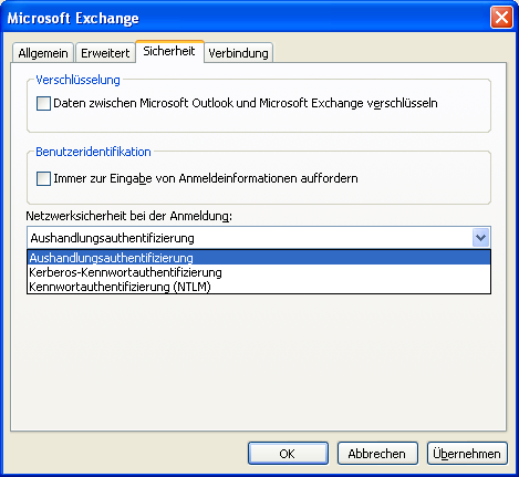 Anmeldung Outlook /Exchange Encrypt Verwenden Sie diese Option, sofern die Exchange Verbindung verschlüsselt ist.