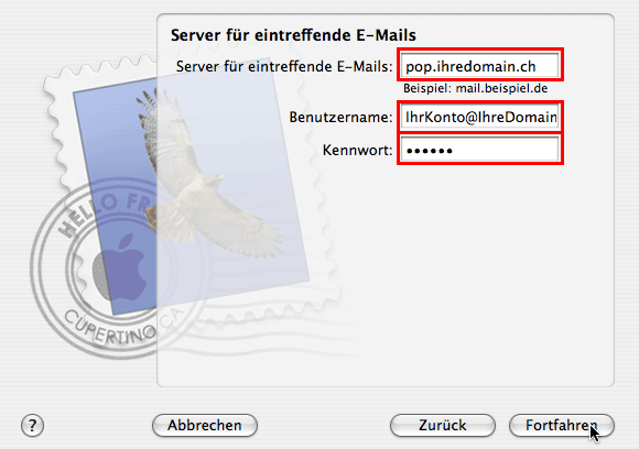 5 Unter "Server für eintreffende E-Mails" geben Sie den Posteingangsserver "pop.ihredomain.ch" ein (ersetzen Sie IhreDomain.ch durch Ihren tatsächlichen Domainnamen).