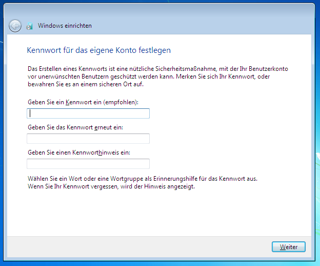 3. Schritt: Windows konfigurieren Zum Abschluß der Windows 7 Installation geben Sie bitte einen gewünschten Namen für