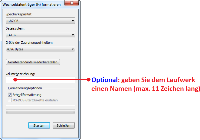 Übungsaufgaben zu Windows 7 - Musterlösung Seite 2 von 6 Dialogfeld zum Formatieren eines Laufwerks Aufgabe 4: 1. Den Laufwerksnamen aus Aufgabe 3 (hier F:) anklicken. 2. Maussymbol in das Detailfenster bewegen und die rechte Maustaste klicken.