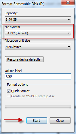 Hinweis: Beim Formatieren des USB- Speichersticks werden alle zuvor darauf gespeicherten Dateien gelöscht.