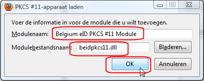 - Bitte geben Sie im Feld Module name Folgendes ein: Belgium eid PKCS #11 Module - Bitte geben Sie im Feld Module Name
