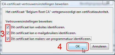 Überprüfen Sie, dass die 3 folgenden Kästchen abgehakt sind und klicken Sie auf OK Suchen Sie das Zertifikat «Belgium Root CA 2».