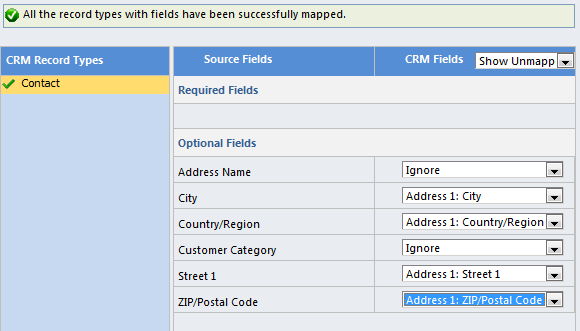 Select Default (Automatic Mapping), click Next, select the Microsoft Dynamics CRM Records Type (Contact) and click Next: Map all unmapped